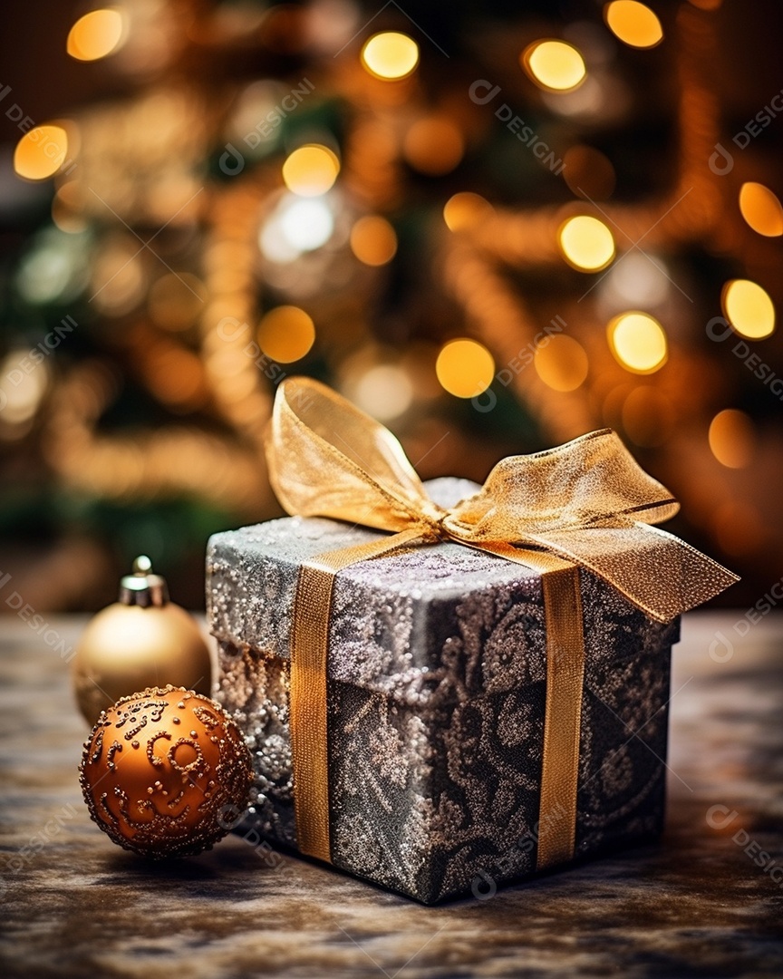 Decoração de Natal, árvore, bola, caixa de presente