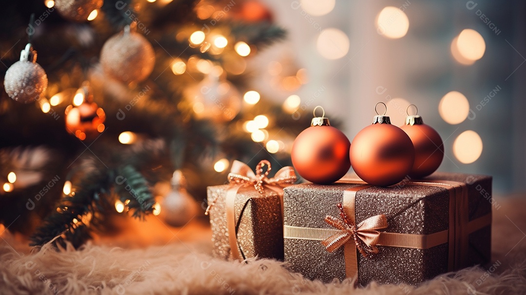 Decoração de Natal, árvore, bola, caixa de presente