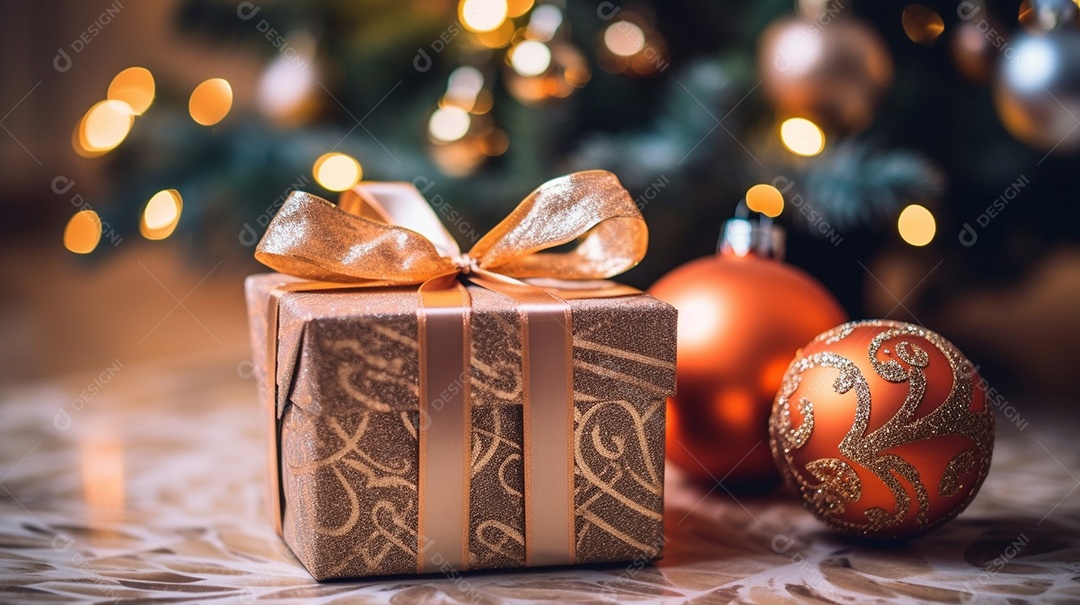 Decoração de Natal, árvore, bola, caixa de presente