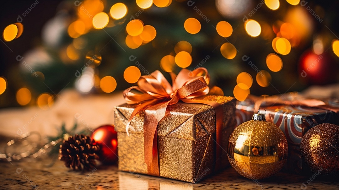 Decoração de Natal, árvore, bola, caixa de presente