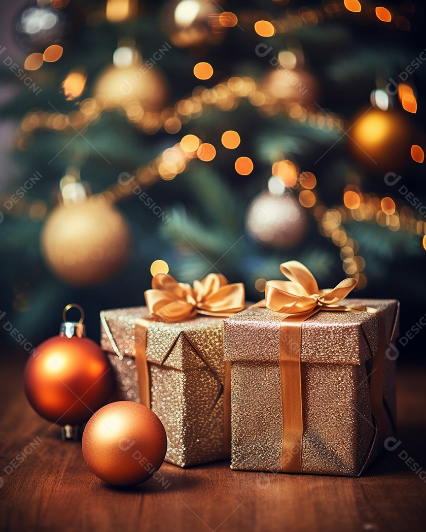 Decoração de Natal, árvore, bola, caixa de presente