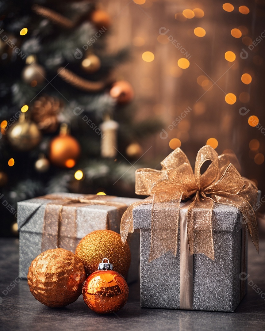 Decoração de Natal, árvore, bola, caixa de presente