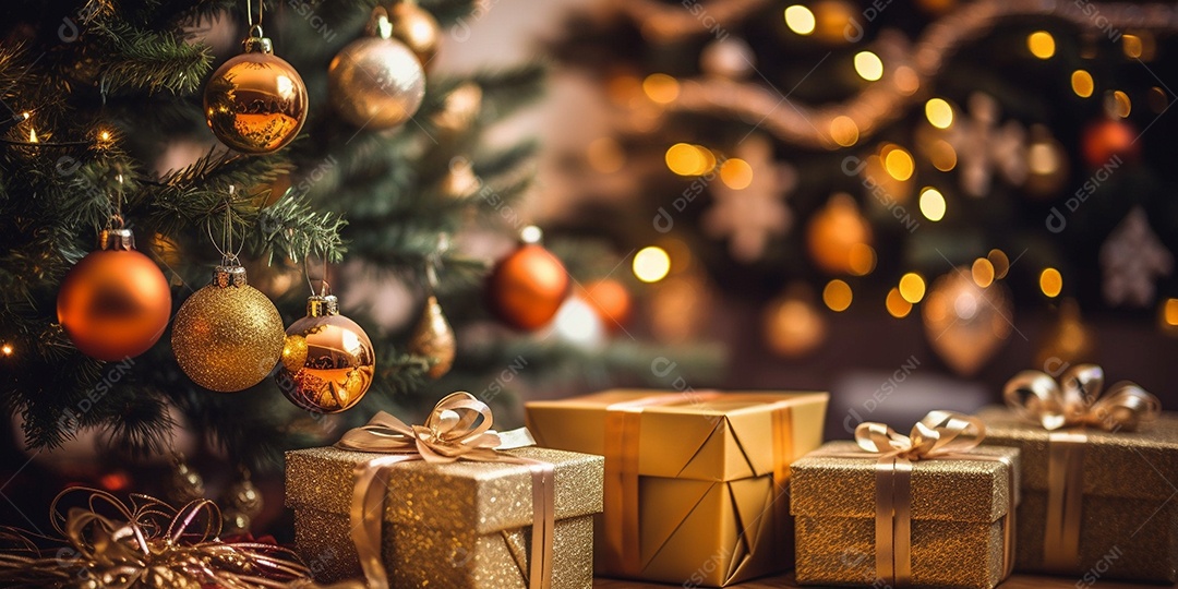 Decoração de Natal, árvore, bola, caixa de presente