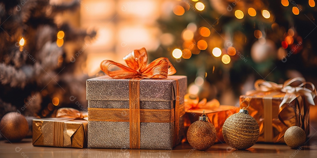 Decoração de Natal, árvore, bola, caixa de presente