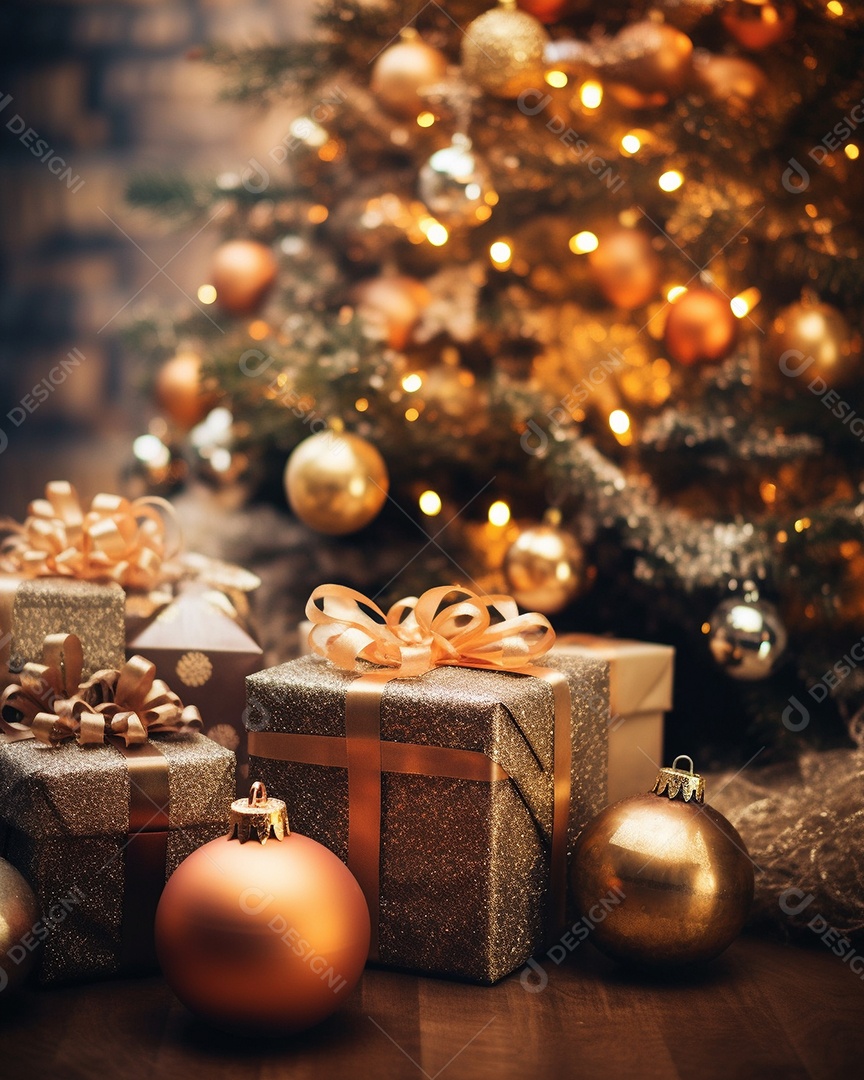 Decoração de Natal, árvore, bola, caixa de presente