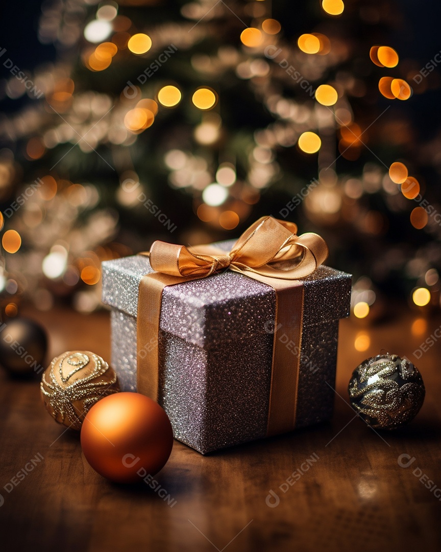 Decoração de Natal, árvore, bola, caixa de presente