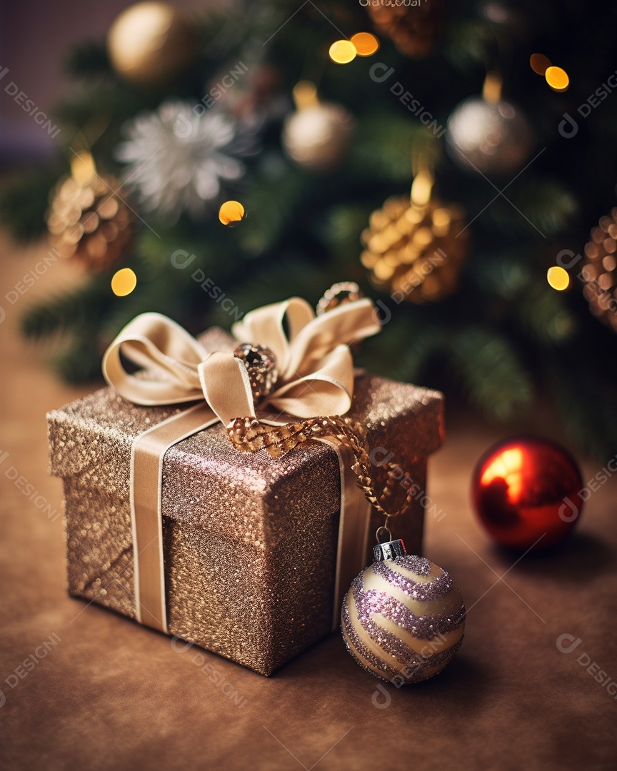 Decoração de Natal, árvore, bola, caixa de presente