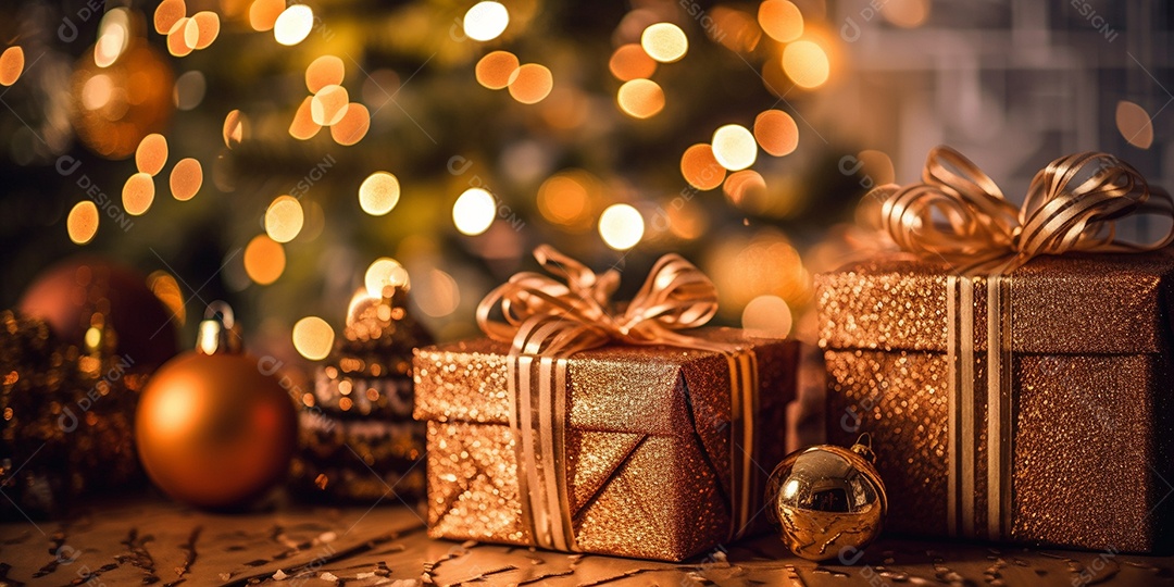 Decoração de Natal, árvore, bola, caixa de presente