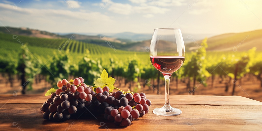 Tampo da mesa de madeira com uma taça de vinho no fundo turvo da paisagem do vinhedo