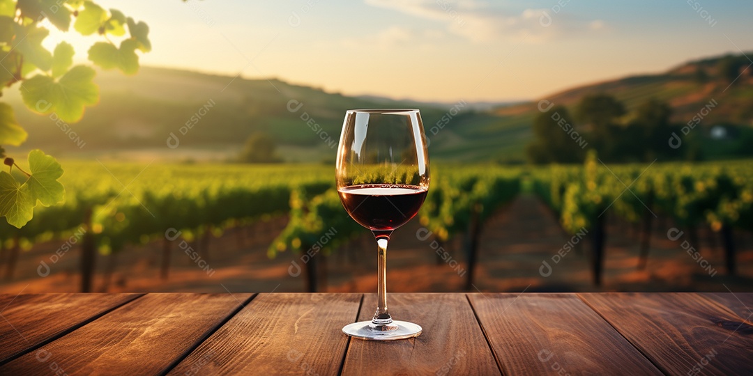 Tampo da mesa de madeira com uma taça de vinho no fundo turvo da paisagem do vinhedo