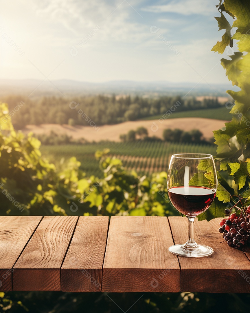 Tampo da mesa de madeira com uma taça de vinho no fundo turvo da paisagem do vinhedo