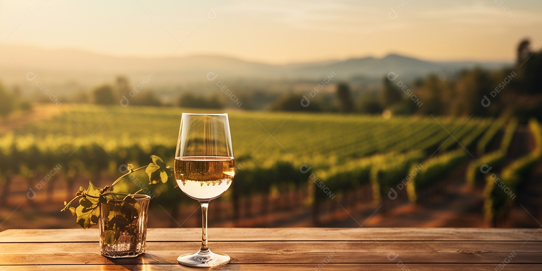 Tampo da mesa de madeira com uma taça de vinho no fundo turvo da paisagem do vinhedo