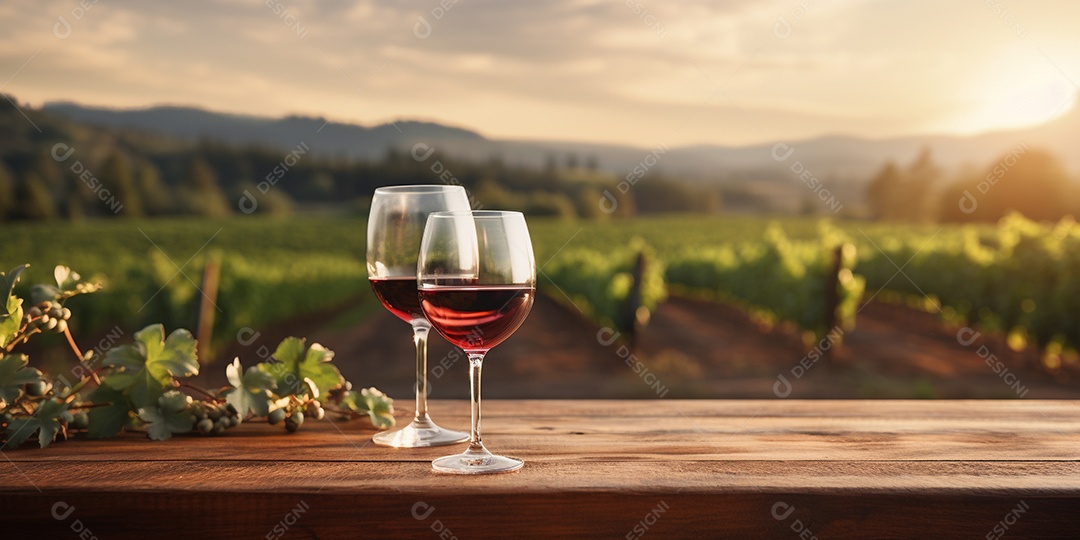 Tampo da mesa de madeira com uma taça de vinho no fundo turvo da paisagem do vinhedo