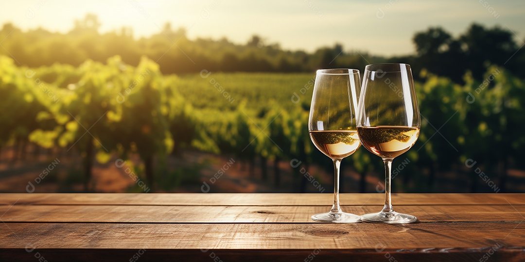 Tampo da mesa de madeira com uma taça de vinho no fundo turvo da paisagem do vinhedo