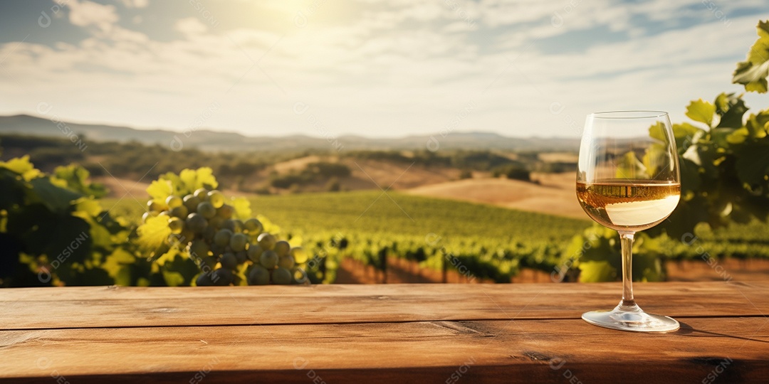 Tampo da mesa de madeira com uma taça de vinho no fundo turvo da paisagem do vinhedo