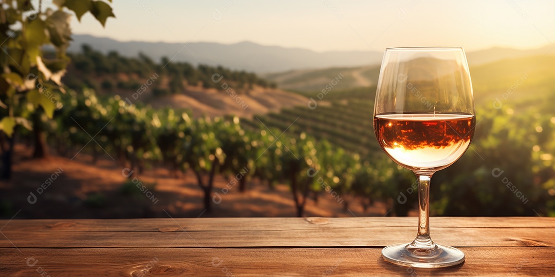 Tampo da mesa de madeira com uma taça de vinho no fundo turvo da paisagem do vinhedo