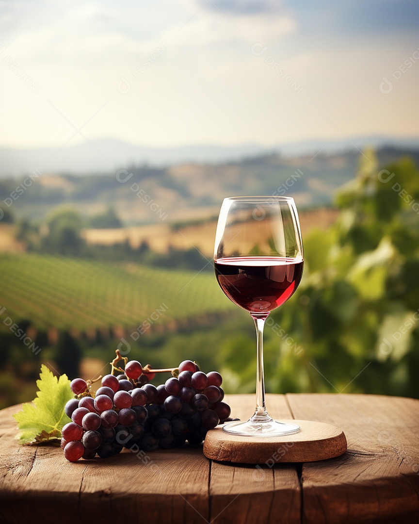 Tampo da mesa de madeira com uma taça de vinho no fundo turvo da paisagem do vinhedo