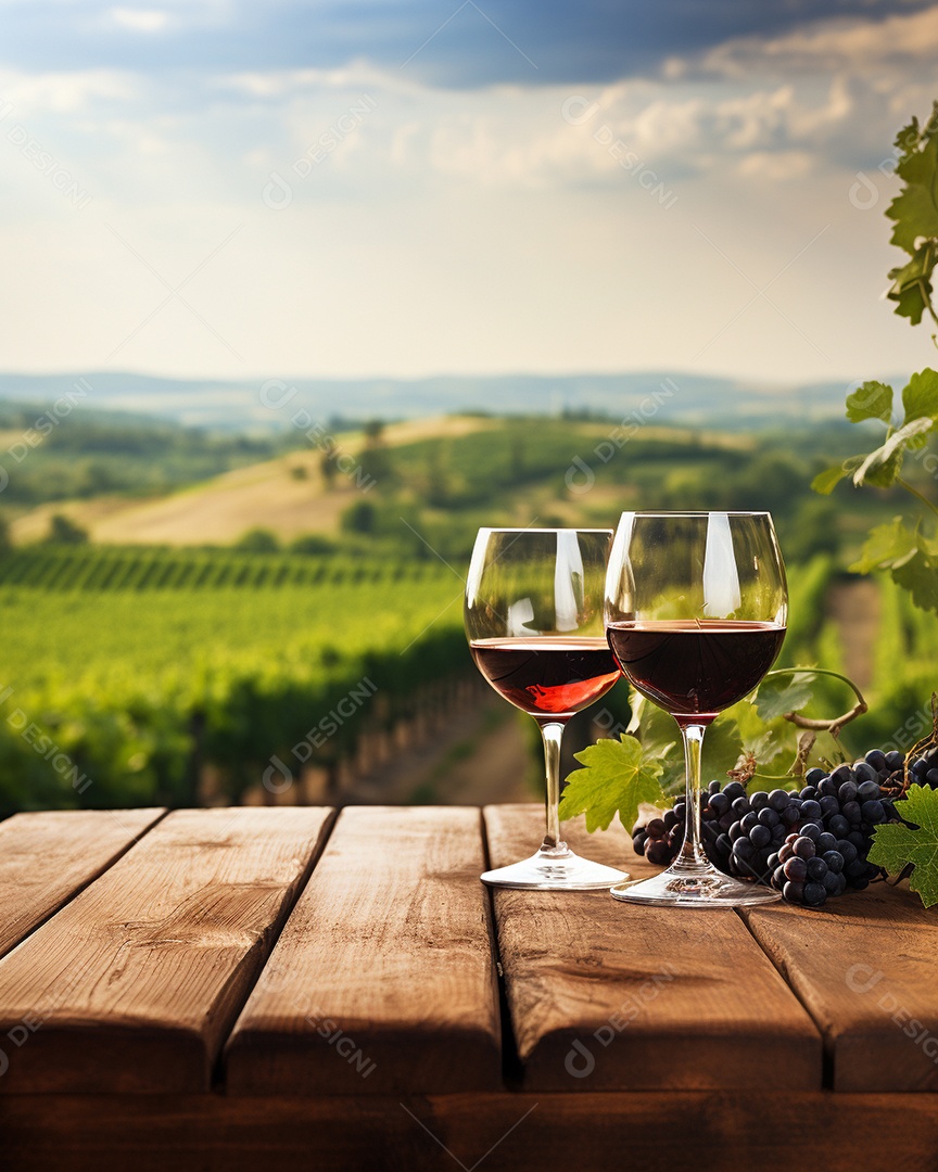 Tampo da mesa de madeira com uma taça de vinho no fundo turvo da paisagem do vinhedo