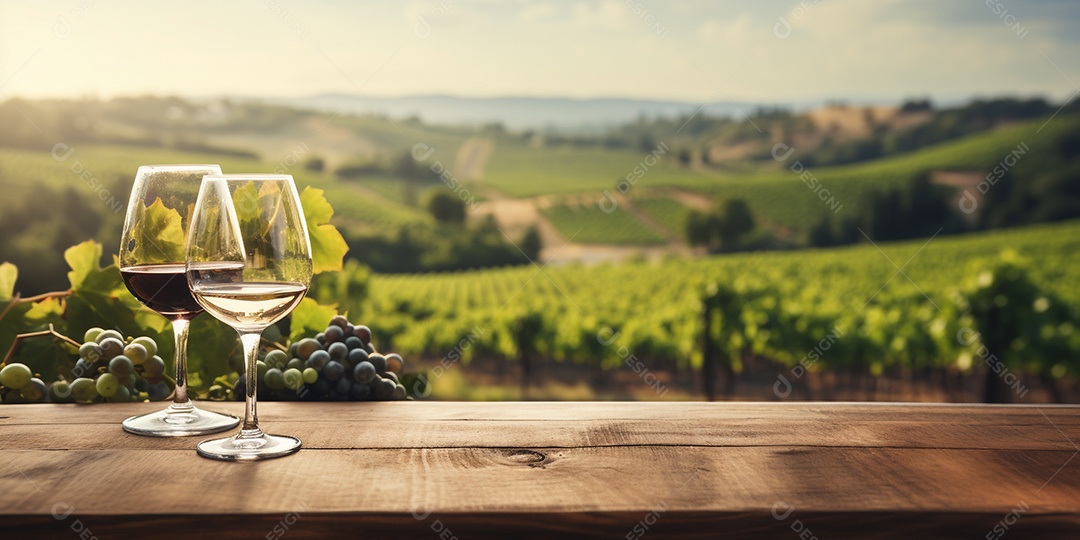 Tampo da mesa de madeira com uma taça de vinho no fundo turvo da paisagem do vinhedo
