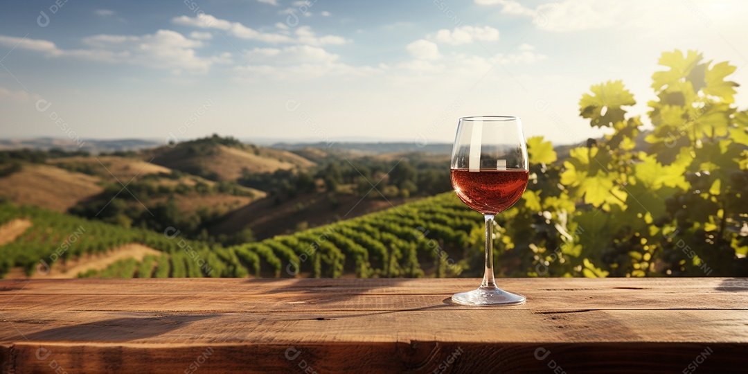 Tampo da mesa de madeira com uma taça de vinho no fundo turvo da paisagem do vinhedo