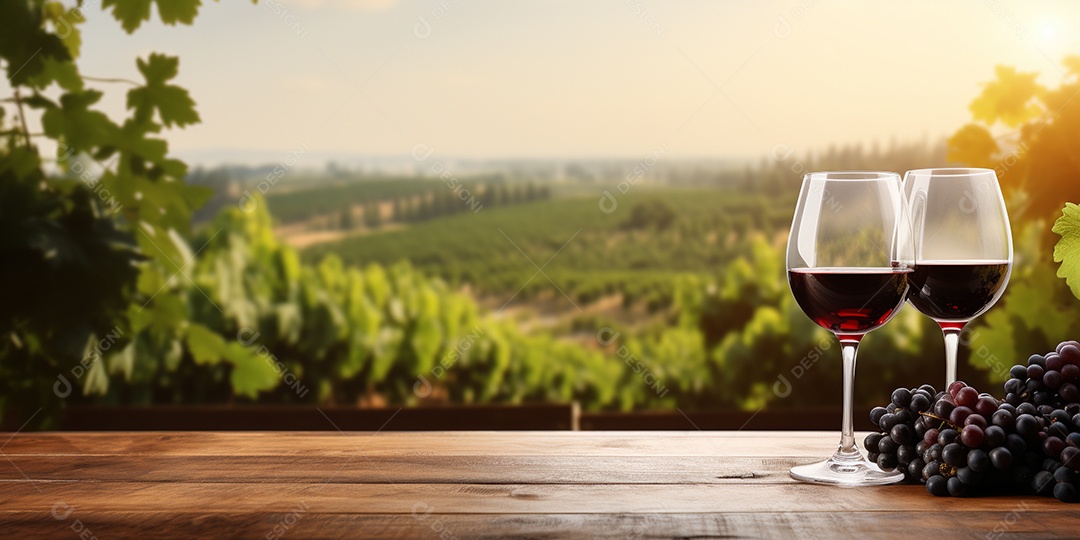 Tampo da mesa de madeira com uma taça de vinho no fundo turvo da paisagem do vinhedo