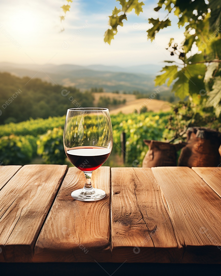 Tampo da mesa de madeira com uma taça de vinho no fundo turvo da paisagem do vinhedo