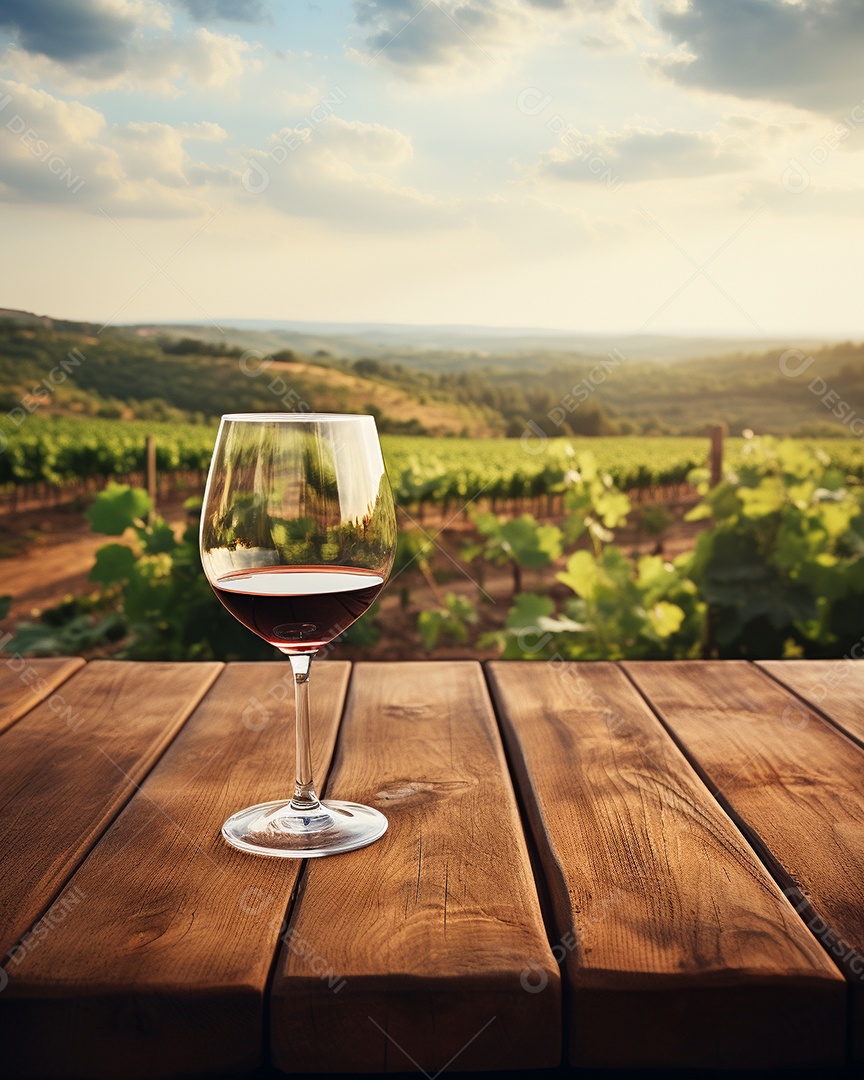 Tampo da mesa de madeira com uma taça de vinho no fundo turvo da paisagem do vinhedo