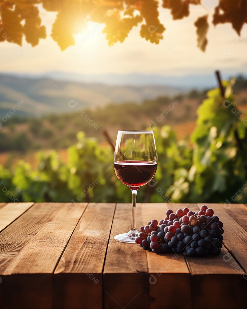 Tampo da mesa de madeira com uma taça de vinho no fundo turvo da paisagem do vinhedo