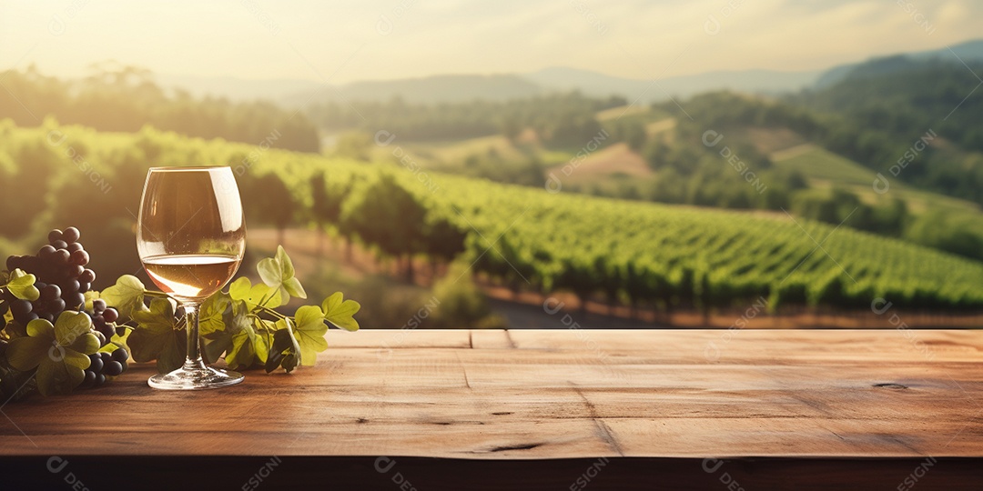 Tampo da mesa de madeira com uma taça de vinho no fundo turvo da paisagem do vinhedo