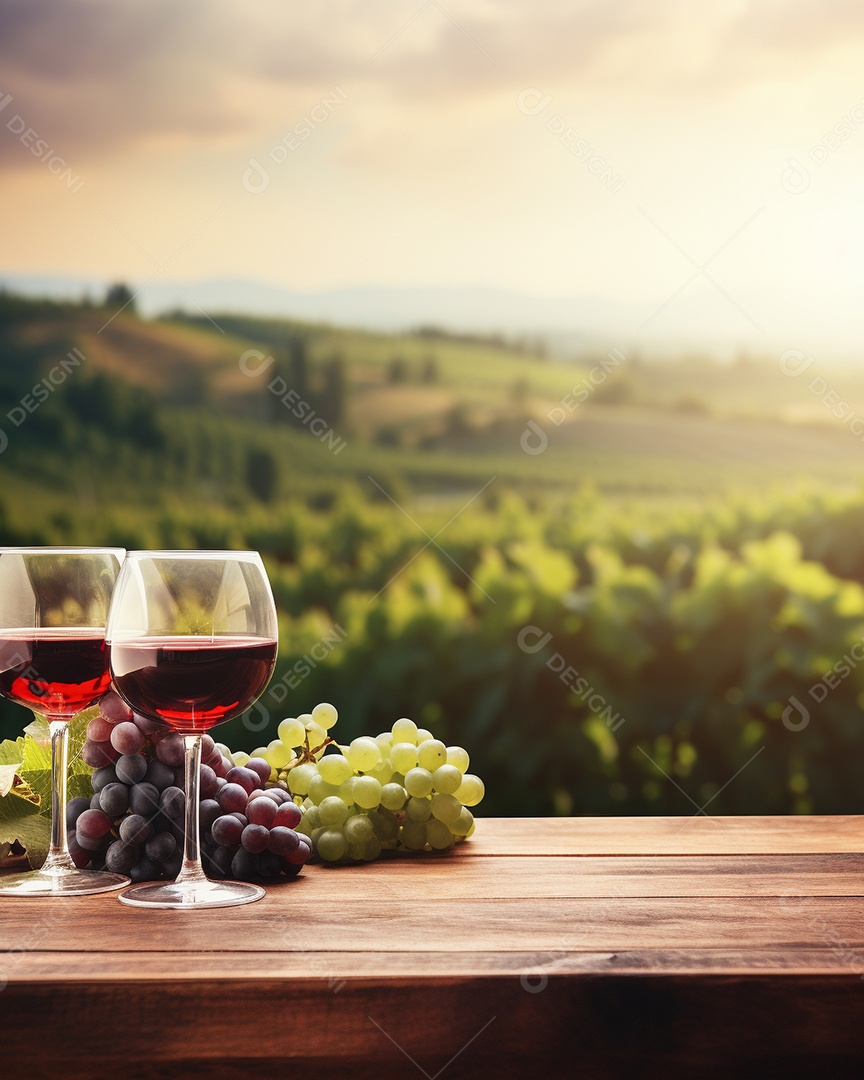 Tampo da mesa de madeira com uma taça de vinho no fundo turvo da paisagem do vinhedo