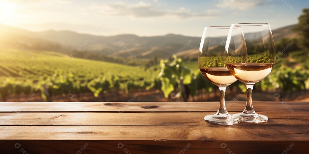 Tampo da mesa de madeira com uma taça de vinho no fundo turvo da paisagem do vinhedo
