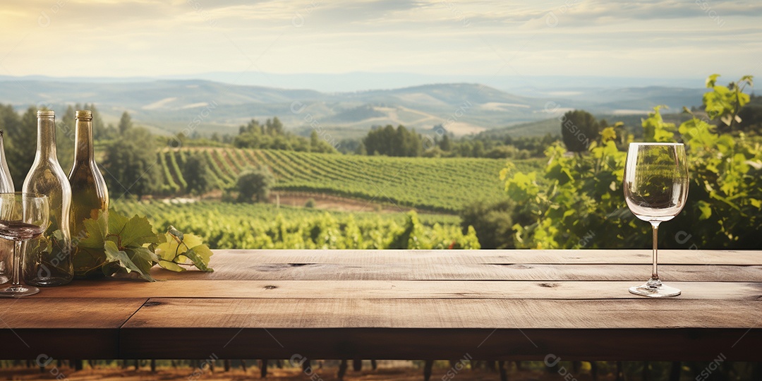 Tampo da mesa de madeira com uma taça de vinho no fundo turvo da paisagem do vinhedo