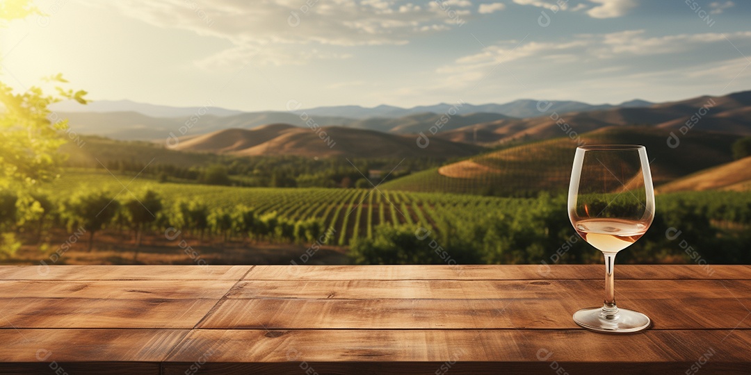 Tampo da mesa de madeira com uma taça de vinho no fundo turvo da paisagem do vinhedo