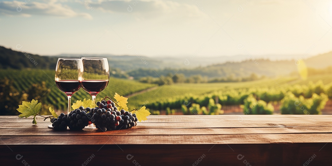 Tampo da mesa de madeira com uma taça de vinho no fundo turvo da paisagem do vinhedo