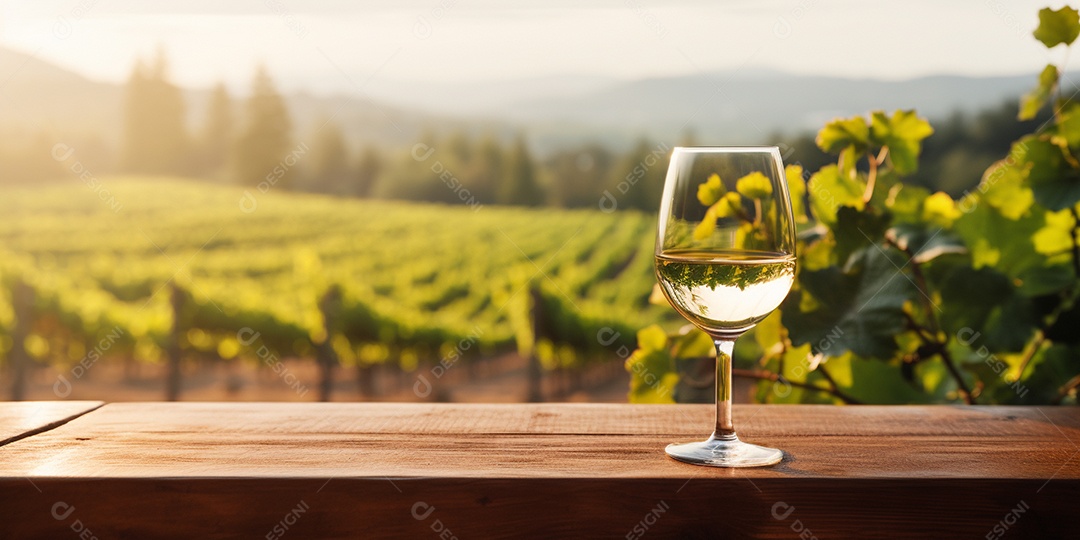 Tampo da mesa de madeira com uma taça de vinho no fundo turvo da paisagem do vinhedo