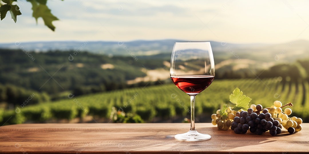 Tampo da mesa de madeira com uma taça de vinho no fundo turvo da paisagem do vinhedo