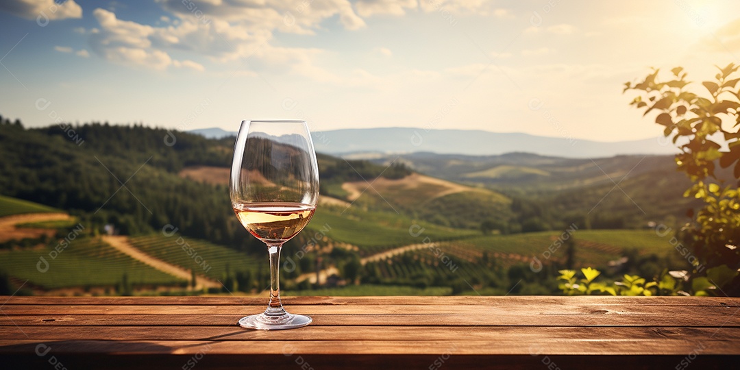 Tampo da mesa de madeira com uma taça de vinho no fundo turvo da paisagem do vinhedo