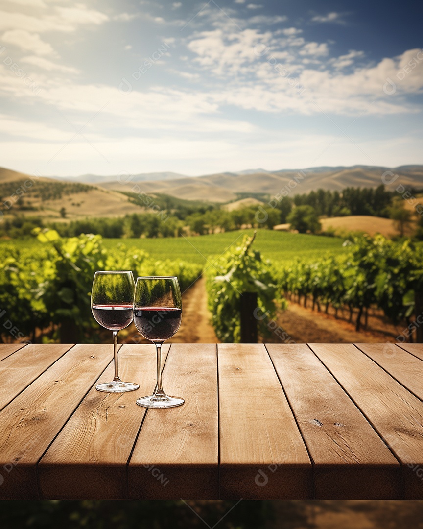 Tampo da mesa de madeira com uma taça de vinho no fundo turvo da paisagem do vinhedo