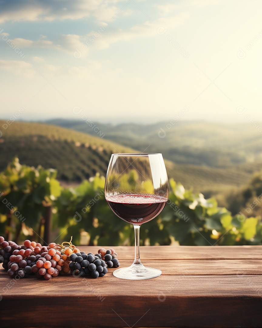 Tampo da mesa de madeira com uma taça de vinho no fundo turvo da paisagem do vinhedo