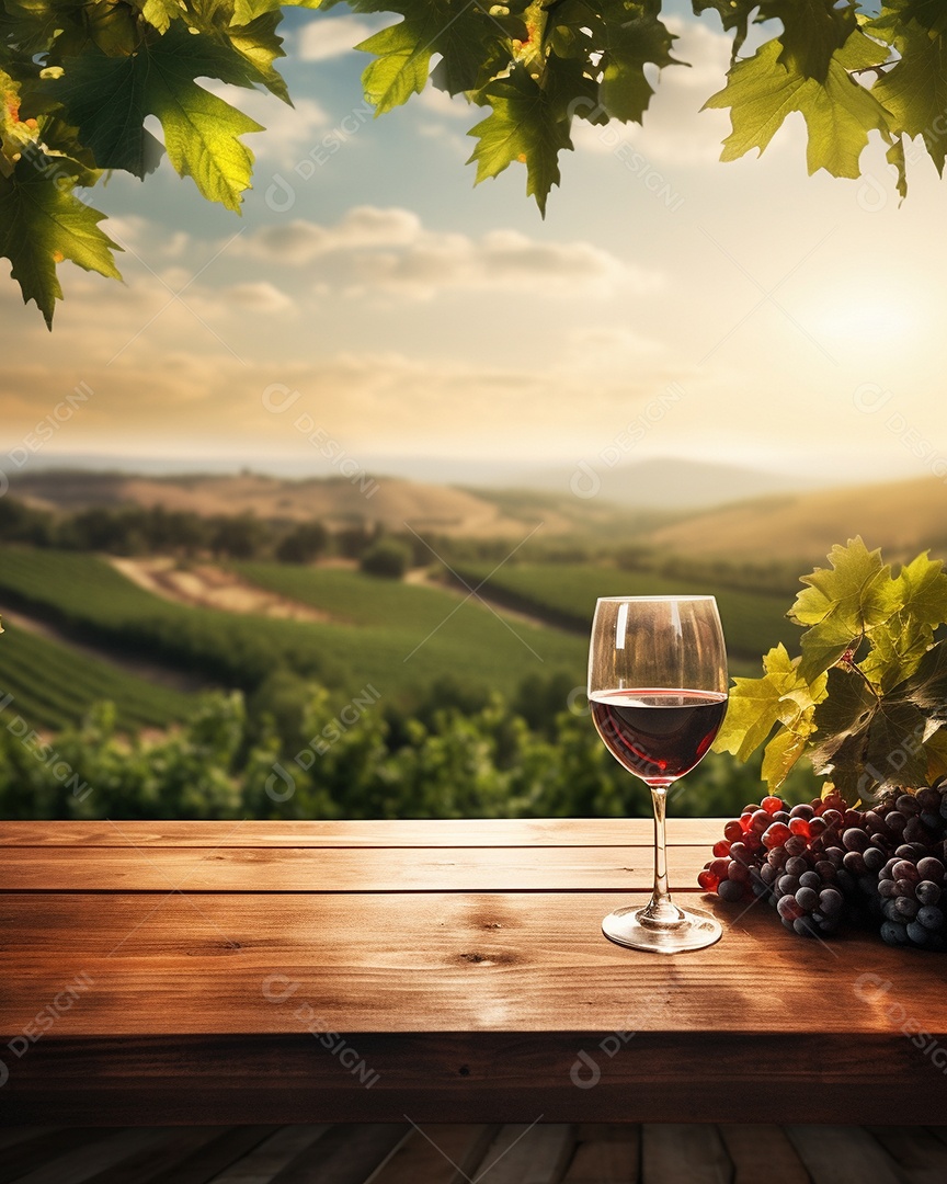 Tampo da mesa de madeira com uma taça de vinho no fundo turvo da paisagem do vinhedo