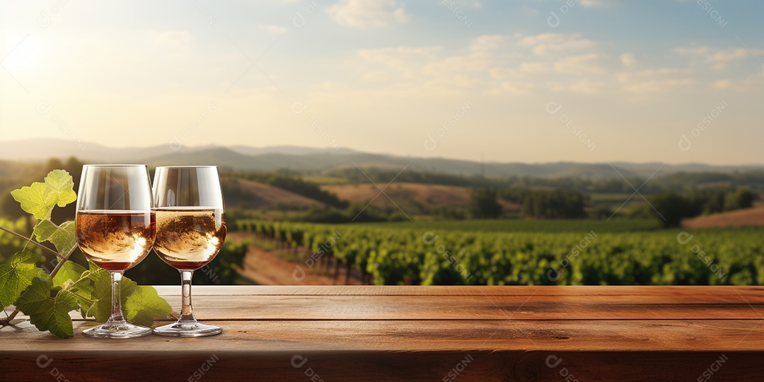 Tampo da mesa de madeira com uma taça de vinho no fundo turvo da paisagem do vinhedo
