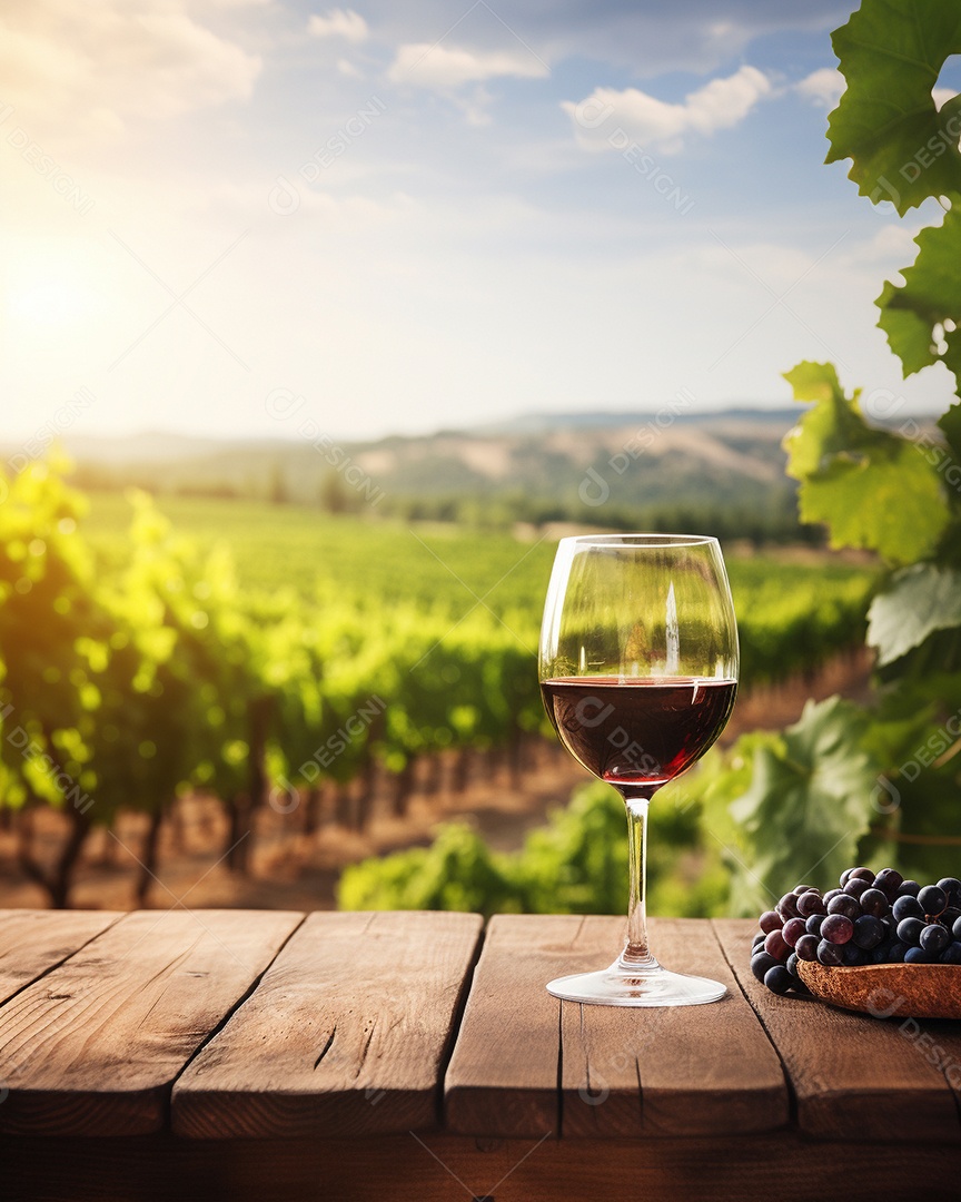 Tampo da mesa de madeira com uma taça de vinho no fundo turvo da paisagem do vinhedo