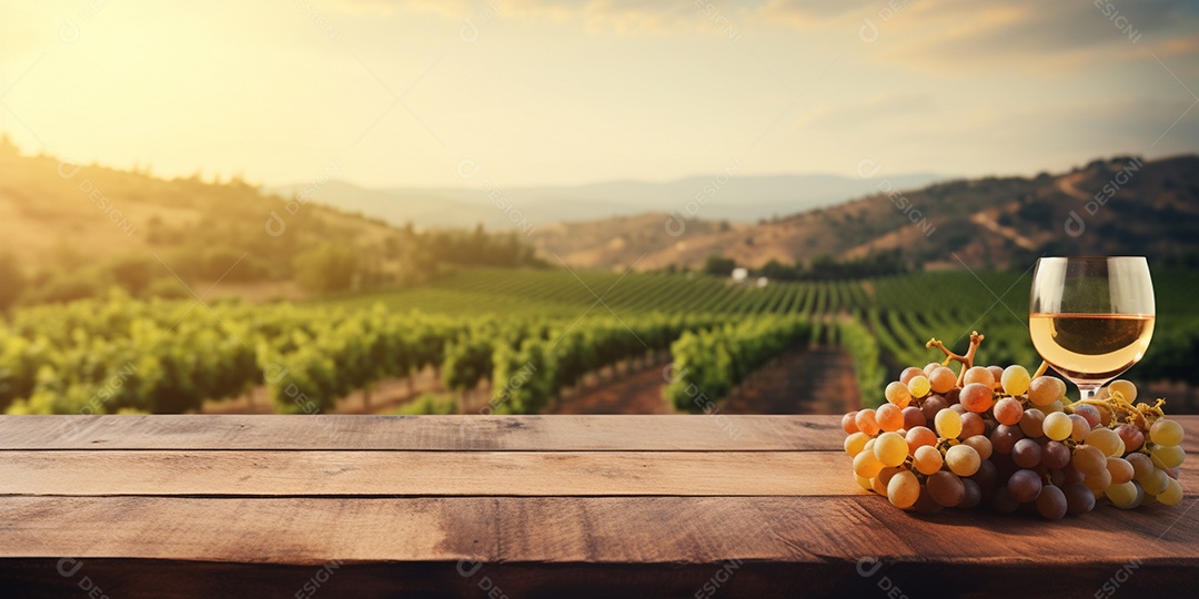 Tampo da mesa de madeira com uma taça de vinho no fundo turvo da paisagem do vinhedo
