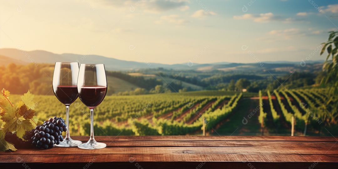 Tampo da mesa de madeira com uma taça de vinho no fundo turvo da paisagem do vinhedo