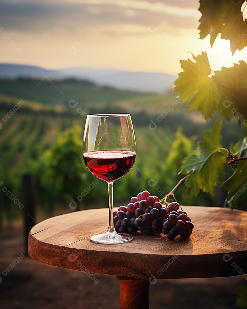 Tampo da mesa de madeira com uma taça de vinho no fundo turvo da paisagem do vinhedo