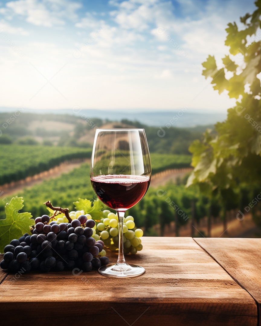 Tampo da mesa de madeira com uma taça de vinho no fundo turvo da paisagem do vinhedo