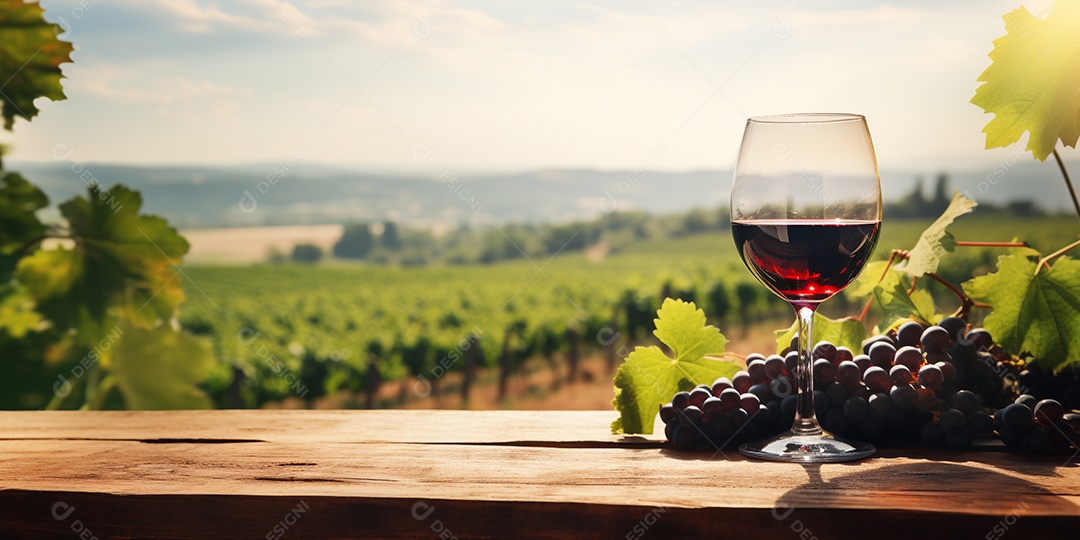 Tampo da mesa de madeira com uma taça de vinho no fundo turvo da paisagem do vinhedo