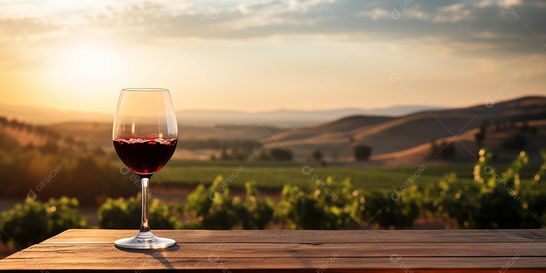 Tampo da mesa de madeira com uma taça de vinho no fundo turvo da paisagem do vinhedo