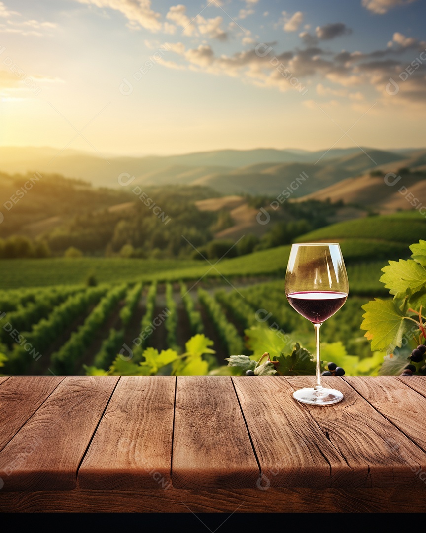 Tampo da mesa de madeira com uma taça de vinho no fundo turvo da paisagem do vinhedo
