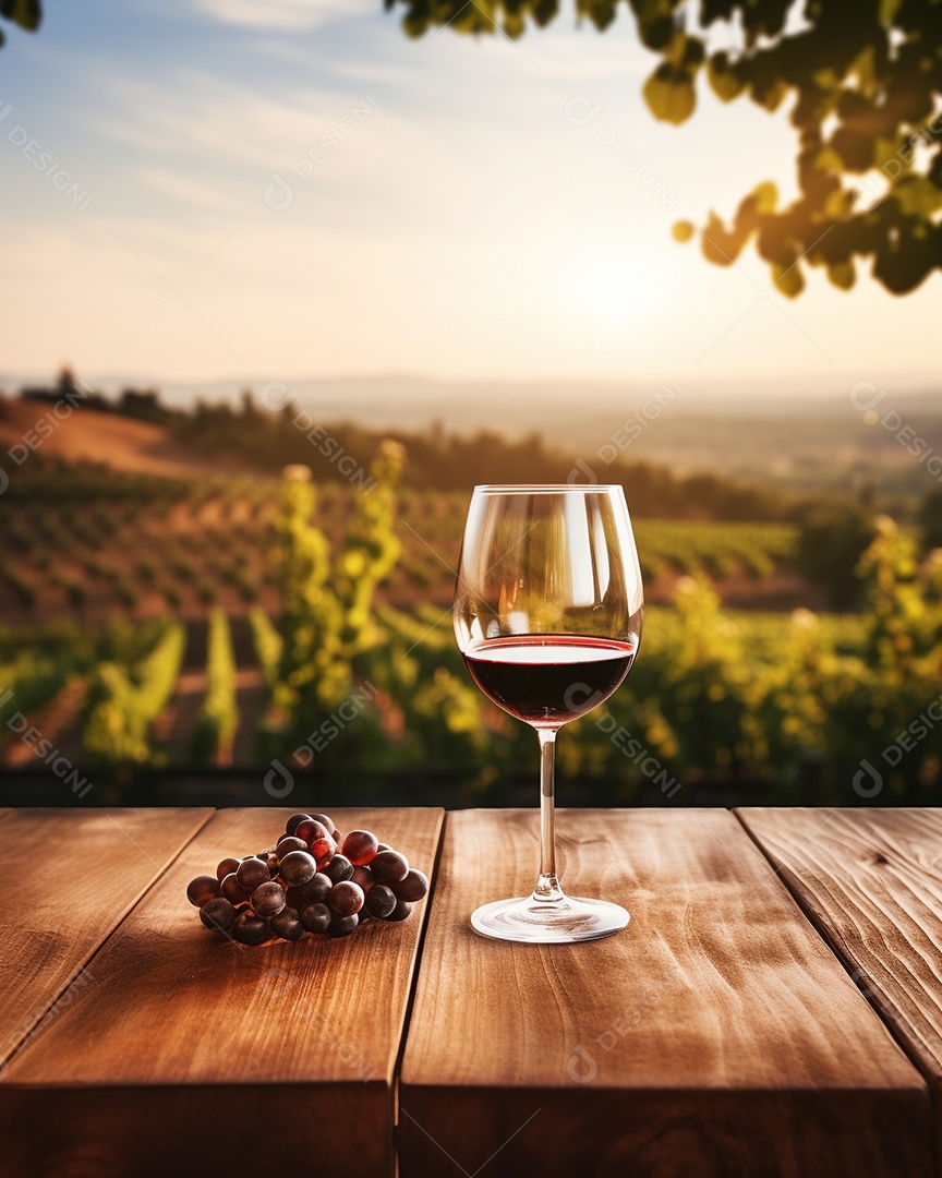 Tampo da mesa de madeira com uma taça de vinho no fundo turvo da paisagem do vinhedo